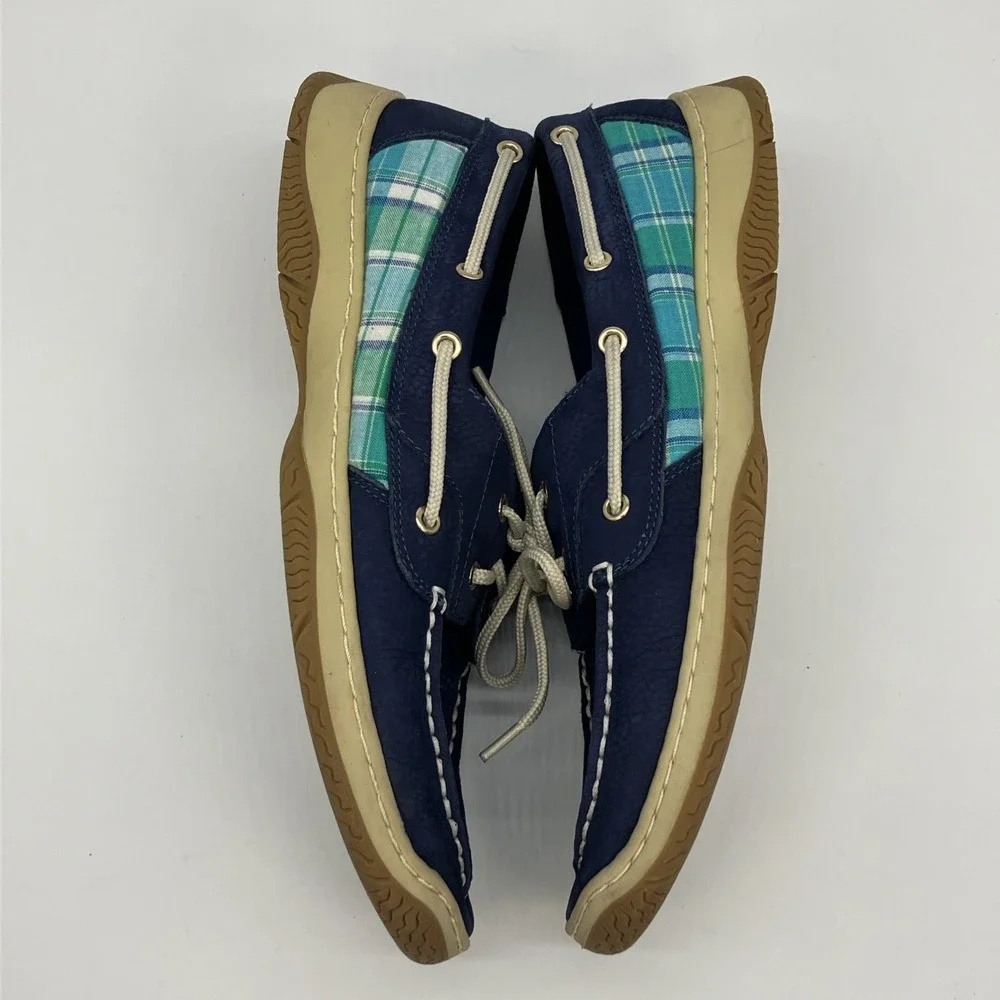 Tommy Hilfiger Navy Blue Plaid Boat Shoes‎ Womens 9.5 M Nautical Yacht Preppy